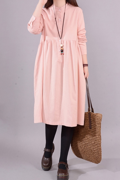 Retro Style Womens Long Sleeve Stand Collar Button Up Solid Color Mid Length Pleated Swing Shirt Dress