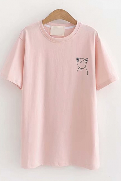 Simple Cute Girls Short Sleeve Round Neck Cat Patterned Regular Fit T-Shirt