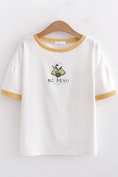 Simple Cute Girls Short Sleeve Round Neck Japanese Letter Funny Panda Graphic Contrast Piped Relaxed Tee Top