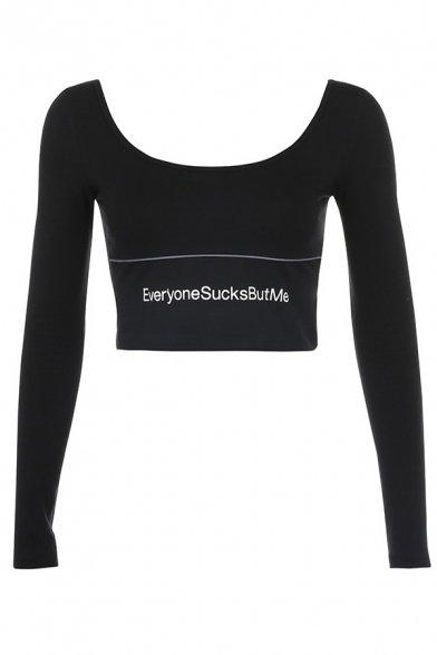 Simple Sexy Ladies Black Long Sleeve Scoop Neck Letter EVERYONE SUCKS BUT ME Reflective Slim Fit Crop T-Shirt in Black