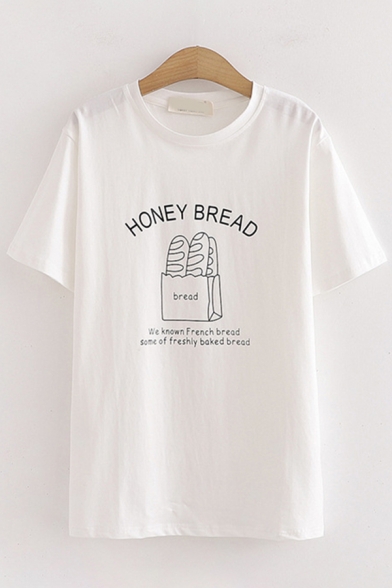 Simple Womens Short Sleeve Round Neck Letter HONEY BREAD Bread Graphic Relaxed Fit T-Shirt
