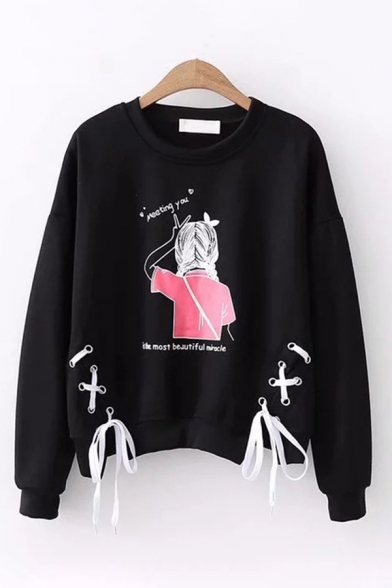 Stylish Girls Long Sleeve Round Neck Letter MEETING YOU Cartoon Character Graphic Lace Up Relaxed Fit Pullover Sweatshirt