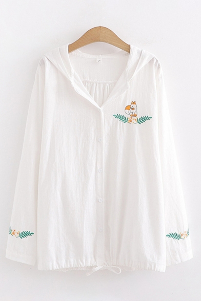Trendy Girls Long Sleeve Hooded Button Down Fox Embroidered Drawstring Hem Relaxed Cardigan in White