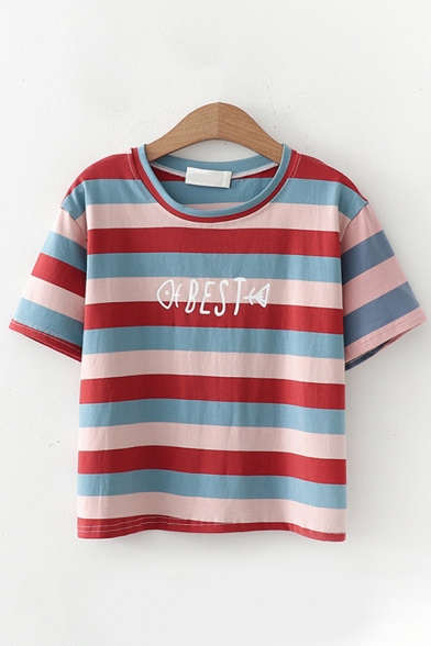 Trendy Girls Short Sleeve Round Neck Letter BEST Fish Stripe Graphic Relaxed Fit T-Shirt
