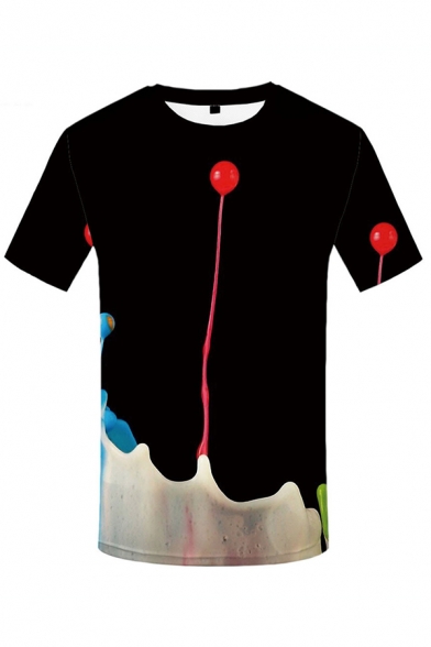 Trendy Guys Black Short Sleeve Round Neck Balloon 3D Printed Relaxed Fit T-Shirt