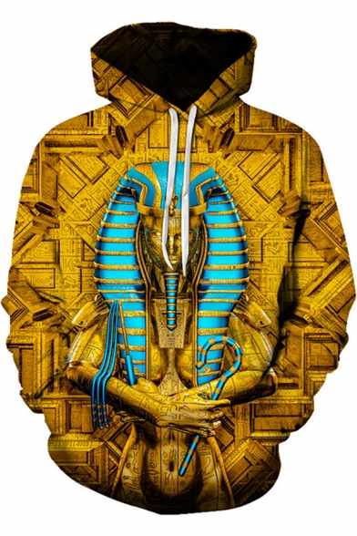 Trendy Mens Long Sleeve Drawstring Abstract 3D Print Loose Fit Hoodie in Gold