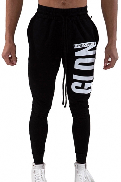 Unique Stylish Drawstring Waist Letter GLDN Printed Ankle Length Slim Fitted Pants for Mens