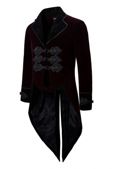Vintage Formal Mens Long Sleeve Notched Collar Frog Button Front Embroidery Slit Front Asymmetric Hem Fitted Swallow-Tailed Tuxedo Coat in Burgundy