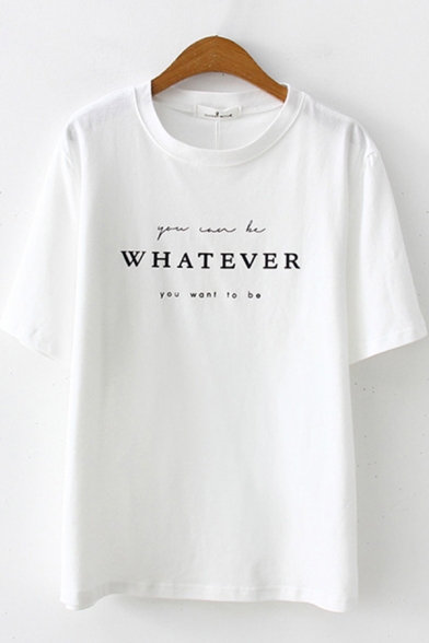 White Simple Short Sleeve Crew Neck WHATEVER Letter Print Relaxed T Shirt for Girls