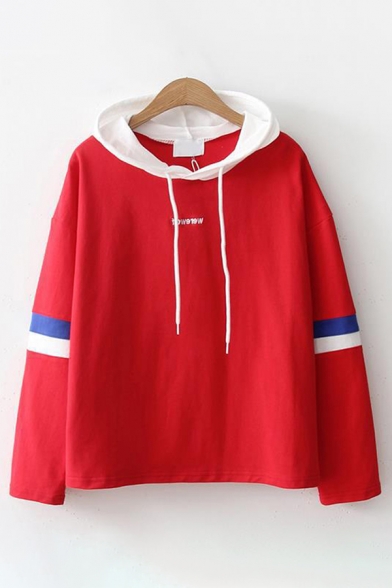 Womens Trendy Long Sleeve Drawstring Letter Embroidery Stripe Contrasted Relaxed Fit Hoodie