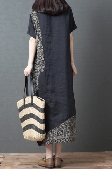 Womens Vintage Black Short Sleeve Round Neck Floral Print Panel Linen Maxi Oversize Dress