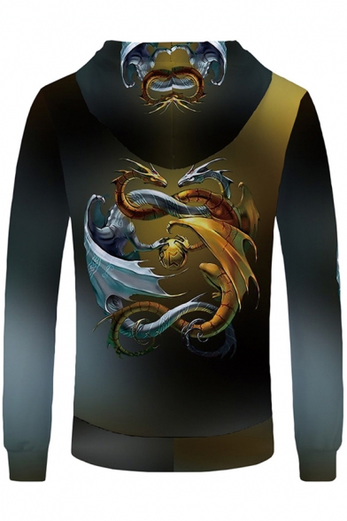 Black Popular Long Sleeve Drawstring Dragon 3D Pattern Relaxed Hoodie for Mens