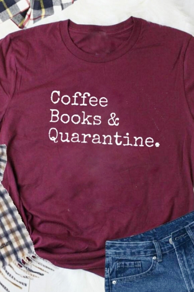 Casual Womens Short Sleeve Crew Neck Letter COFFEE BOOKS & QUARANTINE Slim Fitted Tee Top