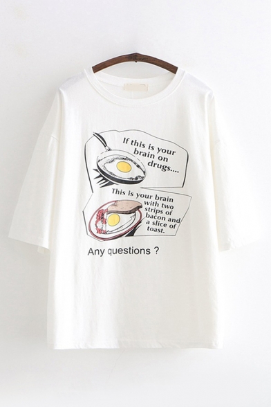 

Casual Womens Three-Quarter Sleeves Round Neck Letter ANY QUESTIONS Fried Eggs Graphic Oversize Tee, White;light blue;khaki, LM602423