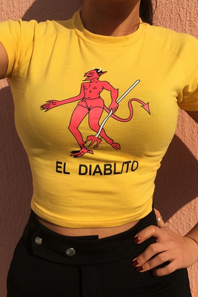 Chic Sexy Girls Short Sleeve Crew Neck Letter EL DIABLITO Cartoon Monster Graphic Fitted Crop Tee in Yellow