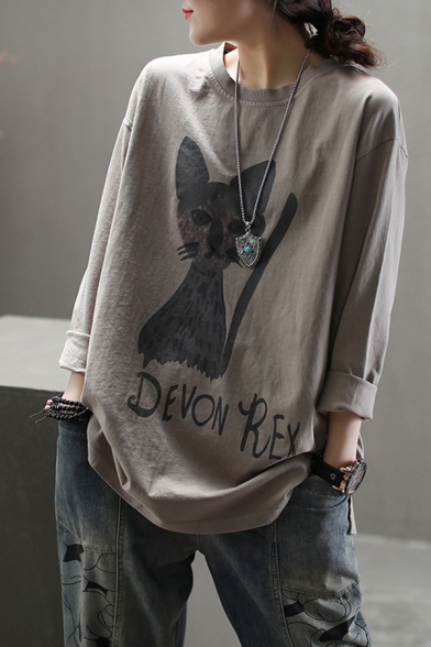 Cool Retro Long Sleeve Round Neck Letter DEVON REX Cat Graphic Relaxed Fit Tee for Ladies