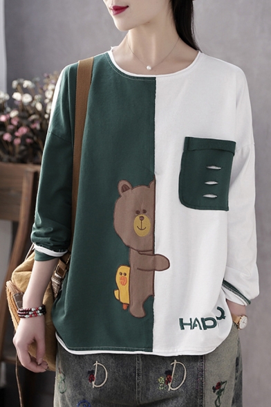 Creative Girls Long Sleeve Round Neck HAPPY Bear Duck Embroidered Ripped Pocket Patchwork Color Block Loose T Shirt