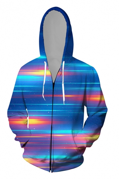 Designer Guys Blue Long Sleeve Drawstring Zipper Front Colorful Stripe 3D Printed Relaxed Fit Hoodie