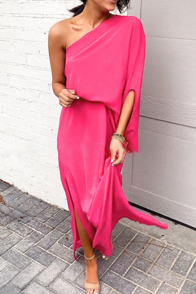 Elegant Womens Solid Color One Sleeve Asymmetric Neck Slit Side Maxi Shift Dress