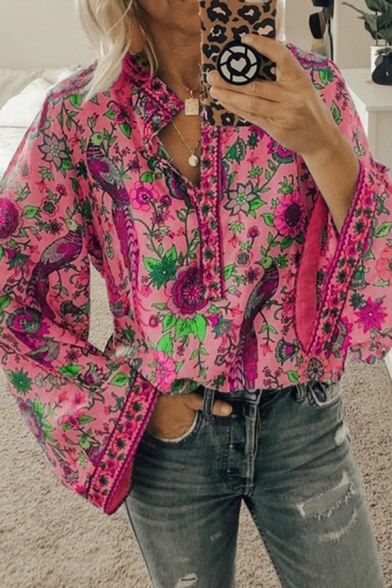 Ethnic Ladies Bell Sleeve Stand Collar Button Up All Over Floral Printed Relaxed Blouse Top
