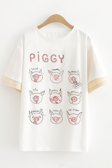 Exclusive Womens Short Sleeve Round Neck Letter PIGGY Cartoon Pig Graphic Patched Contrasted Loose Fit T-Shirt