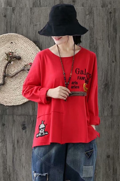 Fashion Girls Long Sleeve Round Neck Letter GALAXY FANFICTION Dog Embroidery Roll Edges Patched Loose Fit T-Shirt
