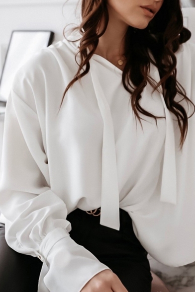 Formal Elegant Ladies Solid Color Long Sleeve V-Neck Straps Relaxed Fit Blouse Top in White