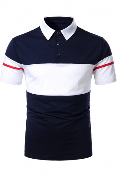 Leisure Formal Short Sleeve Lapel Neck Button Up Color Block Striped Regular Fit Polo Shirt for Guys