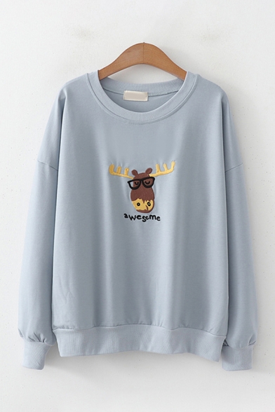 Lovely Girls Long Sleeve Round Neck Letter AWESOME Deer Embroidery Loose Fit Pullover Sweatshirt