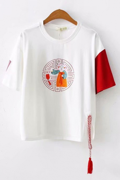 Lovely Girls Short Sleeve Round Neck Cartoon Printed Contrasted Fringe Relaxed Tee