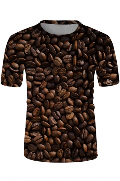 Mens Fashionable Short Sleeve Crew Neck Allover Coffee Beans 3D Printed Fitted T-Shirt in Black