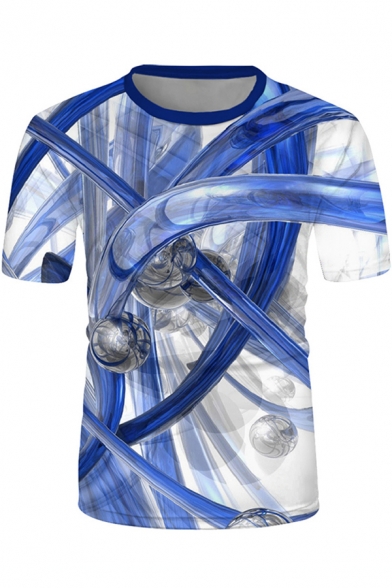 Mens Popular Short Sleeve Crew Neck Blue Tube 3D Printed Loose Tee in White