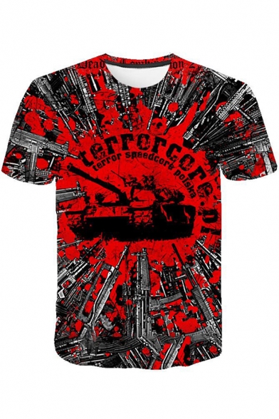 Popular Fashion Red Short Sleeve Crew Neck Creepy Abstract Pattern Slim Fit T Shirt