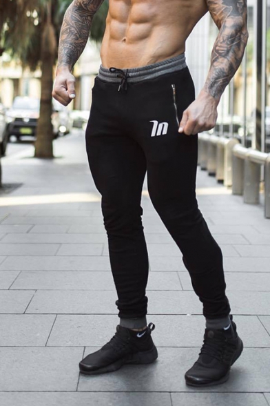 Popular Guys Drawstring Waist Letter Print Cuffed Ankle Slim Fitted Contrasted Sweatpants