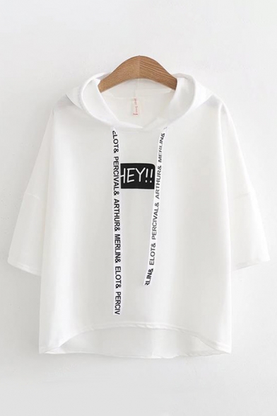 Popular Streetwear Girls Three Quarter Sleeves Drawstring HEY Letter Print Relaxed Hoodie