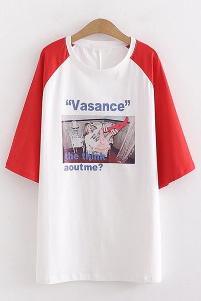 Popular Womens Short Sleeve Round Neck Letter VASANCE THE THINK AOUTME Graphic Colorblock Oversize Long Tee Top
