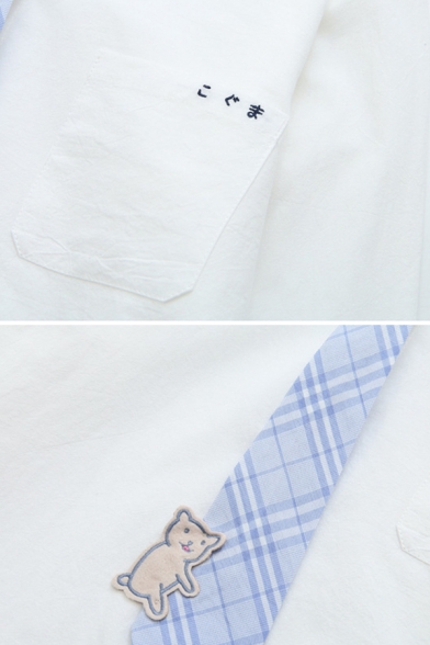 Simple Girls Long Sleeve Lapel Collar Button Down Plaid Cat Tie Stripe Letter Embroidery Loose Shirt in White