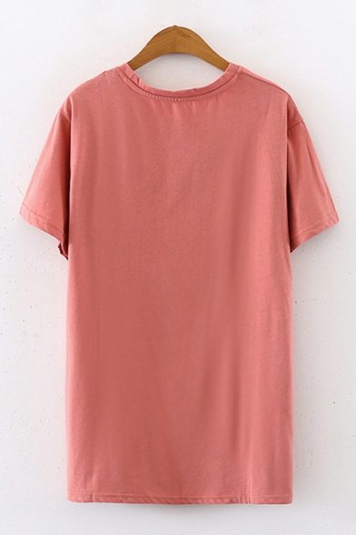 Simple Womens Short Sleeve Round Neck Letter Peach Embroidered Loose Fit T Shirt
