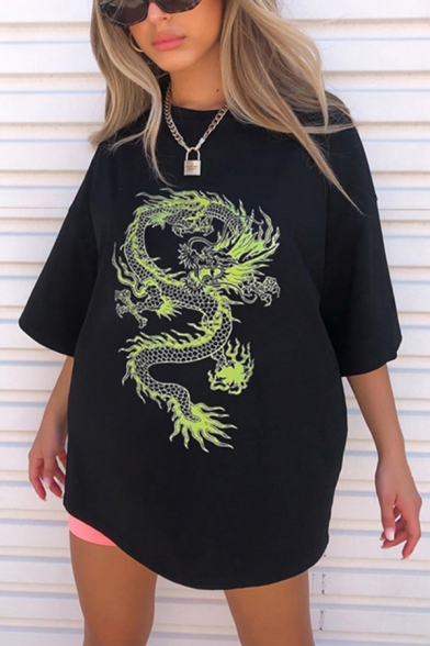 Streerwear Girls Black Short Sleeve Crew Neck Dragon Motorcycle Letter ROCK MORE Print Oversize T Shirt
