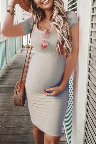 Summer Chic Short Sleeve Round Neck Solid Color Midi Fitted Maternity T-Shirt Dress