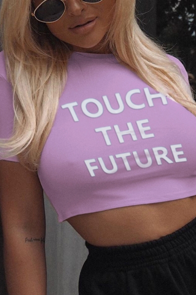 Trendy Girls Short Sleeve Round Neck Letter TOUCH THE FUTURE Print Fitted Cropped Tee Top