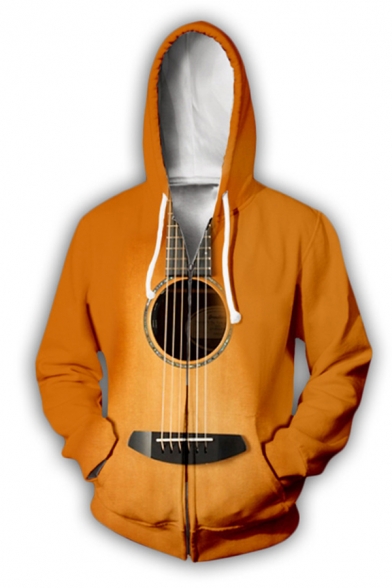 Unique Boys Long Sleeve Drawstring Guitar 3D Print Relaxed Fit Hoodie in Yellow