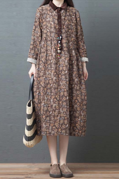Vintage Ladies Roll Up Sleeve Lapel Collar Button Up Allover Flower Print Contrasted Cotton and Linen Long Pleated Swing Shirt Dress
