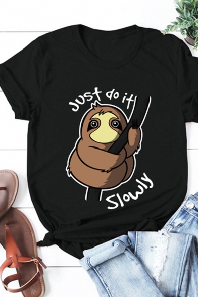 Basic Rolled Short Sleeve Crew Neck Letter JUST DO IT SLOWLY Sloth Graphic Regular Fit T Shirt for Girls