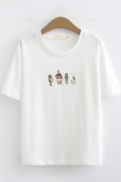 Basic Summer Girls Short Sleeve Round Neck Cartoon Printed Loose Fit T-Shirt