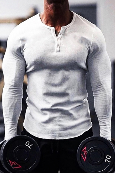 Basic Training Long Sleeve V-Neck Button Up Solid Color Slim Fitted Polo Shirt for Mens
