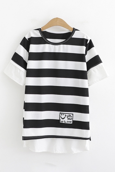 Casual Cute Girls Short Sleeve Round Neck Stripe Print Embroidery Slit Sides Relaxed Fit T-Shirt