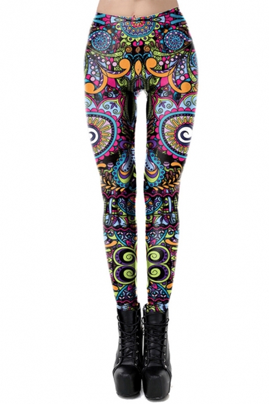 Casual Sport Girls Mid Rise All Over Floral Pattern Slim Fit Stretchy Ankle Leggings in Black