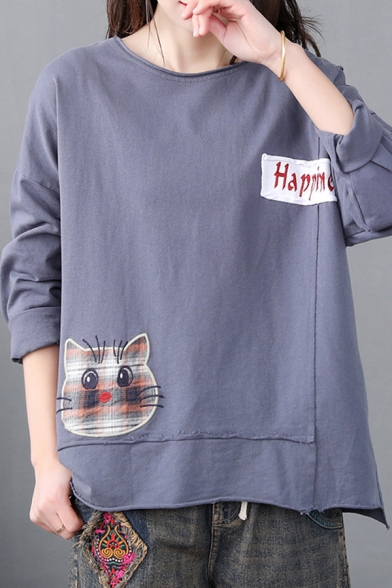 Casual Womens Long Sleeve Round Neck Letter HAPPINESS Cat Embroidered Patchwork Relaxed T Shirt