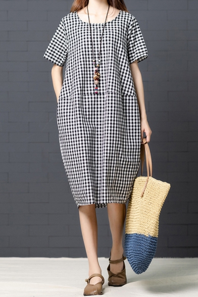 Casual Womens Short Sleeve Round Neck Plaid Patterned Cotton and Linen Midi Oversize Dress